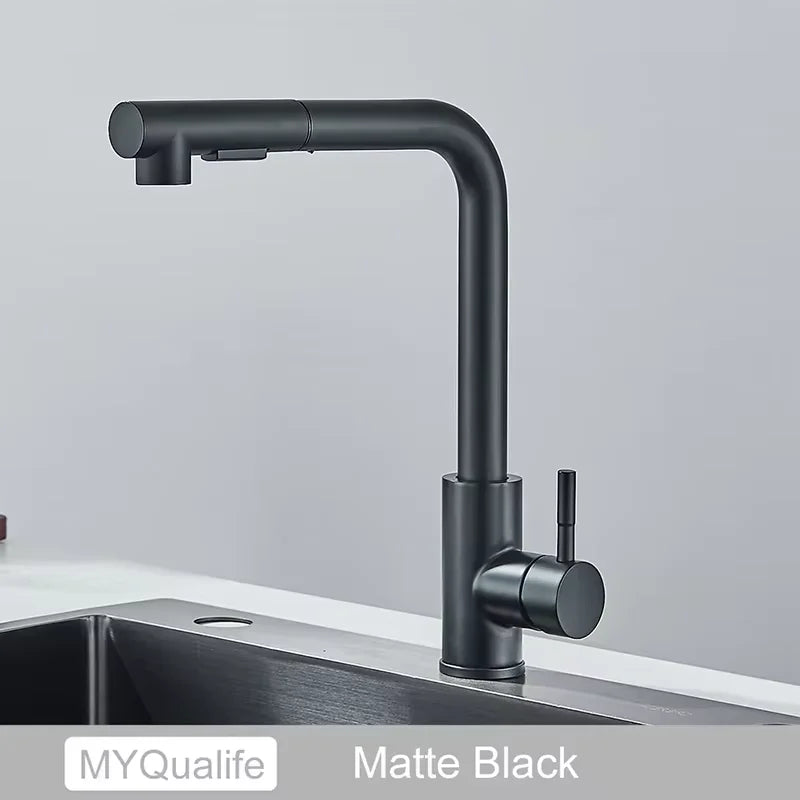 Upgraded Black Silver Pull Out Kitchen Faucet Dual Mode Telescopic Rotary Stainless Steel Hot Cold Water Faucet for Kitchen