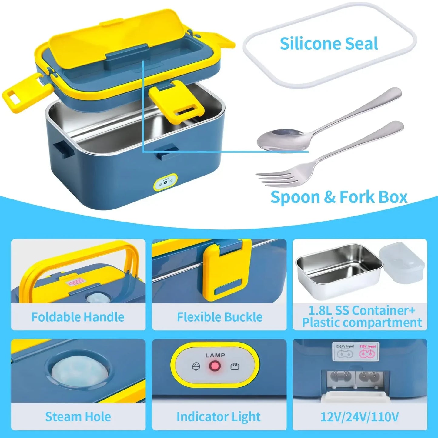 1.8L Electric Lunch Box 60W Food Heated 12V-24V 2-In-1 Portable Food Warmer Heater for Car/Truck/Home Self in-car Heating Box
