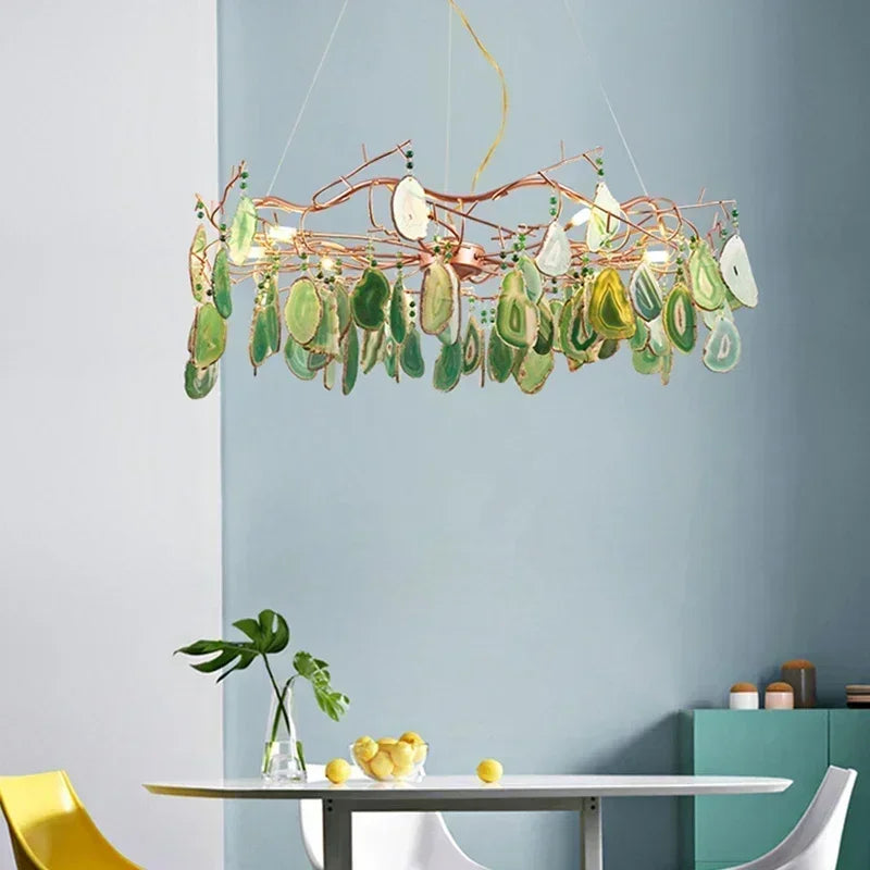 Luxury Natural Agate Chandeliers Colorful Green Blue Lighting Foyer Living Dining Room Restaurant Bedroom Pendant Lamp