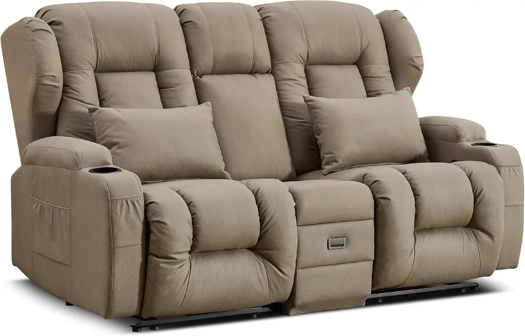 Loveseat Recliner Sofa - Flipped Backrest Console, Cup Holders, Side Pockets, Pillows, Drawers, Outlets