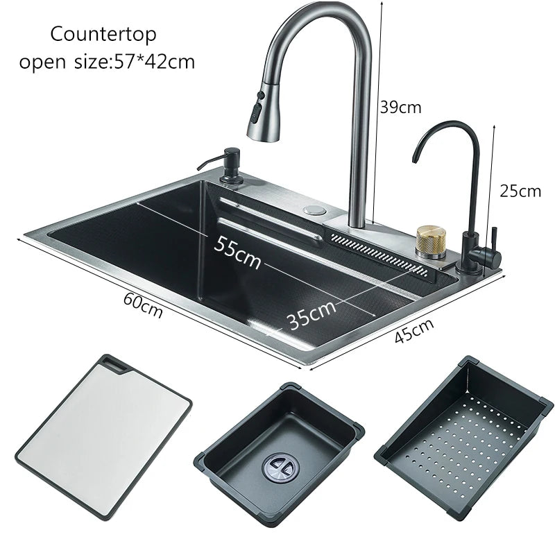 304 Stainless Steel Waterfall Kitchen Sink Large Single Slot Integrated 60X45cm Faucet Set Soap Dispenser Pure Water Tap