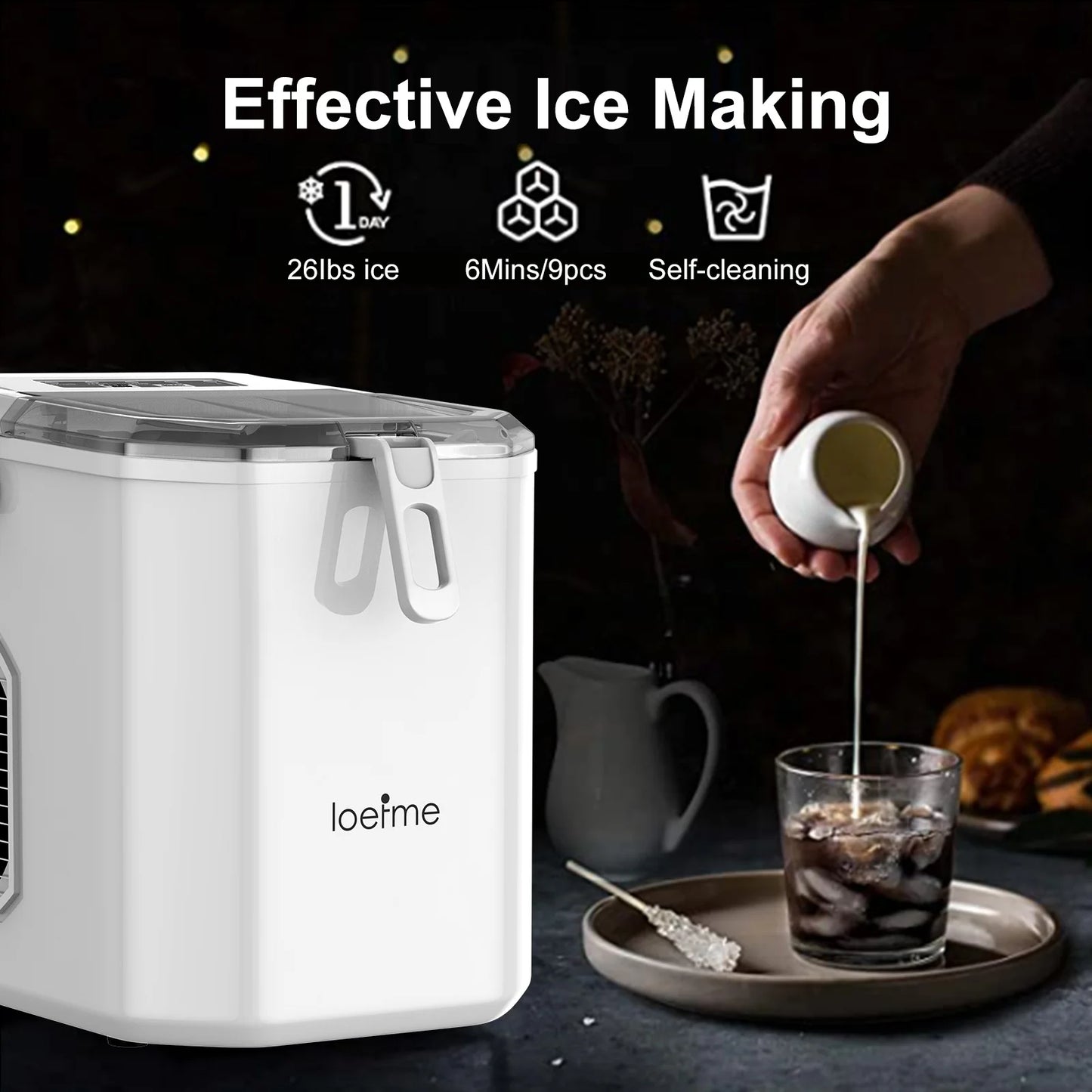 Loefme Ice Maker Cubes Machine Small Automatic Cleaning Bullet Shaped Ice Makers Fast Ice Making For Households Caffee Camping
