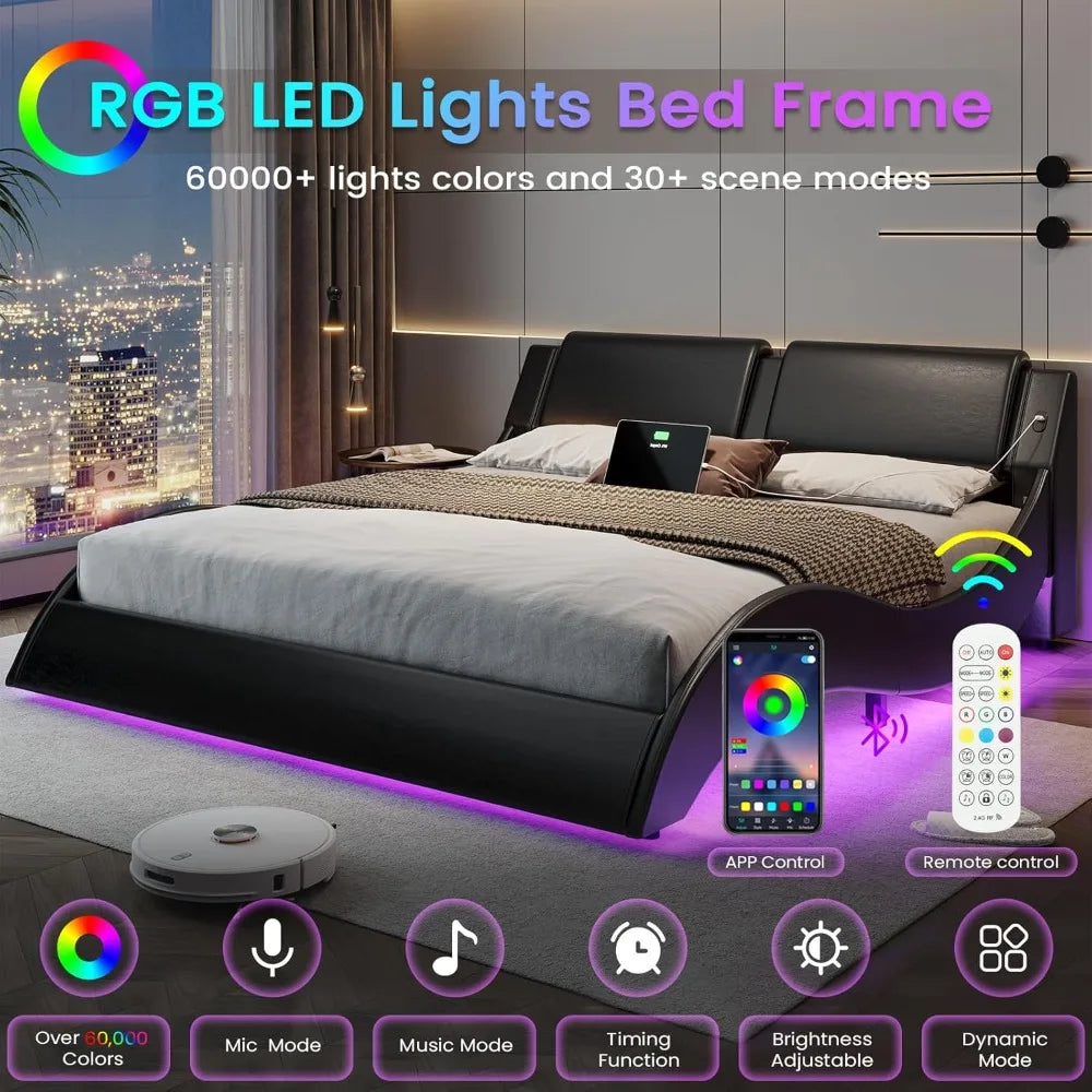Bed Frame with Led Lights and Charging Ports Modern Faux Leather Upholstered Queen Size Platform Bed with Headboard Wave