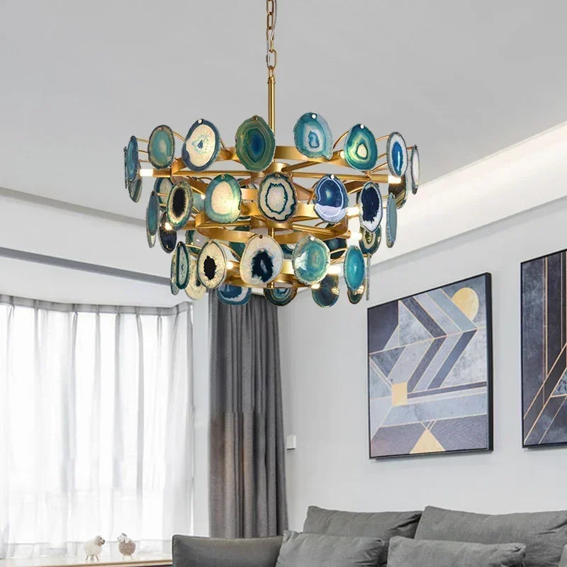 Luxury Natural Agate Chandeliers Colorful Green Blue Lighting Foyer Living Dining Room Restaurant Bedroom Pendant Lamp