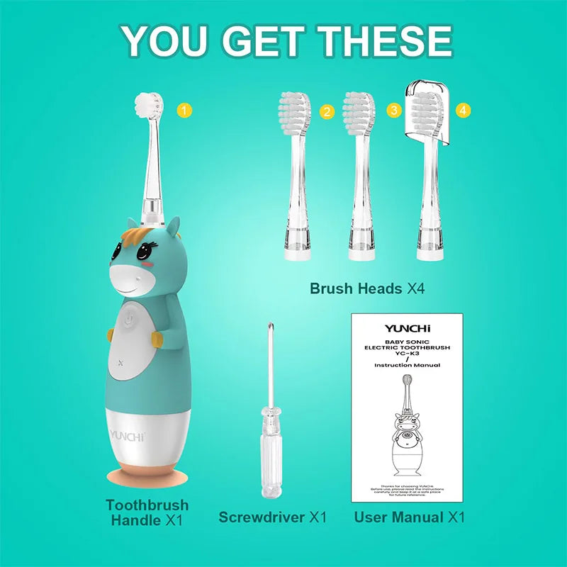 YUNCHi Kid Electric Toothbrush Battery Powered Children Sonic Toothbrush 2 Min Timer 30s Reminder IPX7 with Replacement Heads