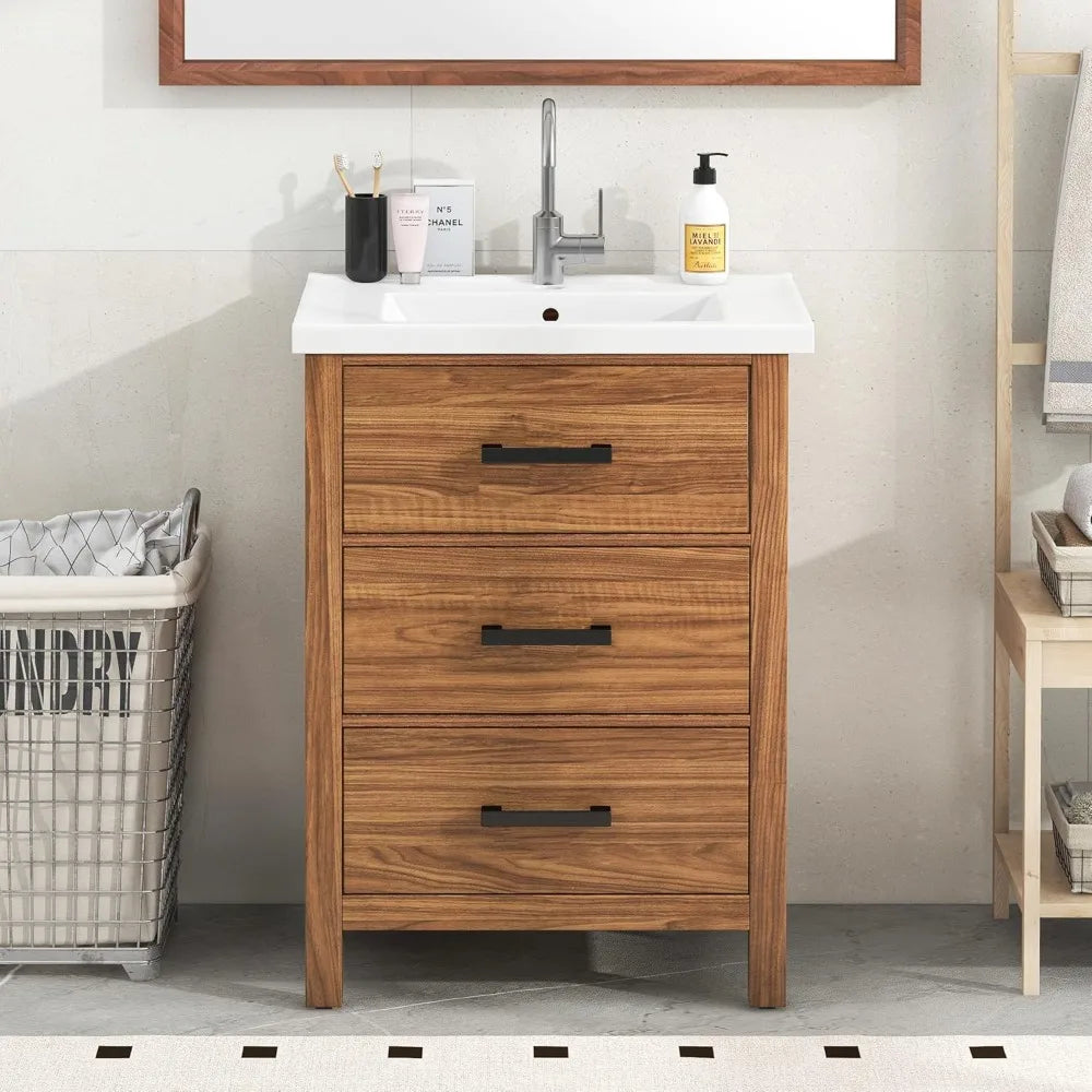 24" Farmhouse Bathroom Vanity with Undermount Sink | Freestanding Single Sink Combo with Tip-Out Drawer & Dual Pull-Out Drawers