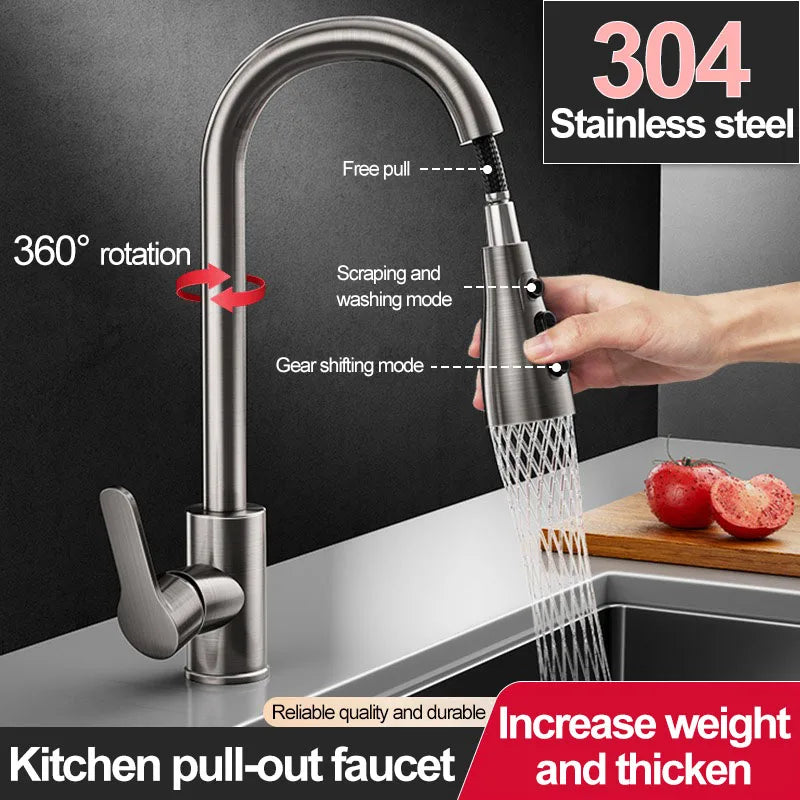 Stainless steel kitchen pull-out faucet, hot and cold household splash-proof sink, retractable sink, vegetable washing basin fau