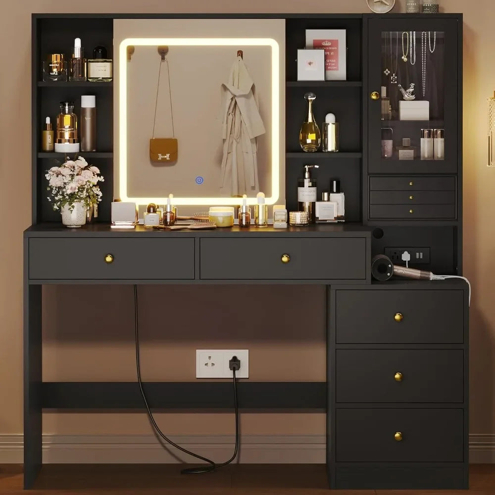 Makeup Vanity Desk with Lighted Sliding Mirror & Jewelry Organizer, Makeup Dressing Table with 5 Drawers, Modern Black