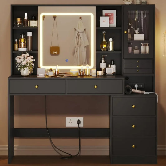 Makeup Vanity Desk with Lighted Sliding Mirror & Jewelry Organizer, Makeup Dressing Table with 5 Drawers, Modern Black