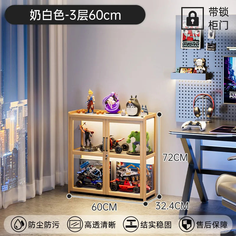 Display Cabinet Acrylic Curio Cabinet with Lock Glass Display Cabinet Natural Bamboo  Glass Cabinet Easy to Install，With Lights