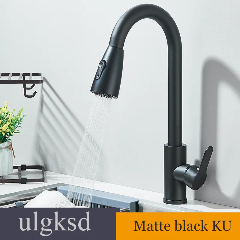 Chrome Home Kitchen Sink Pull-Out Tap Single Handle Cold and Hot Single Handle Deck 360 ° Optional Crane 2 Function Spray Faucet