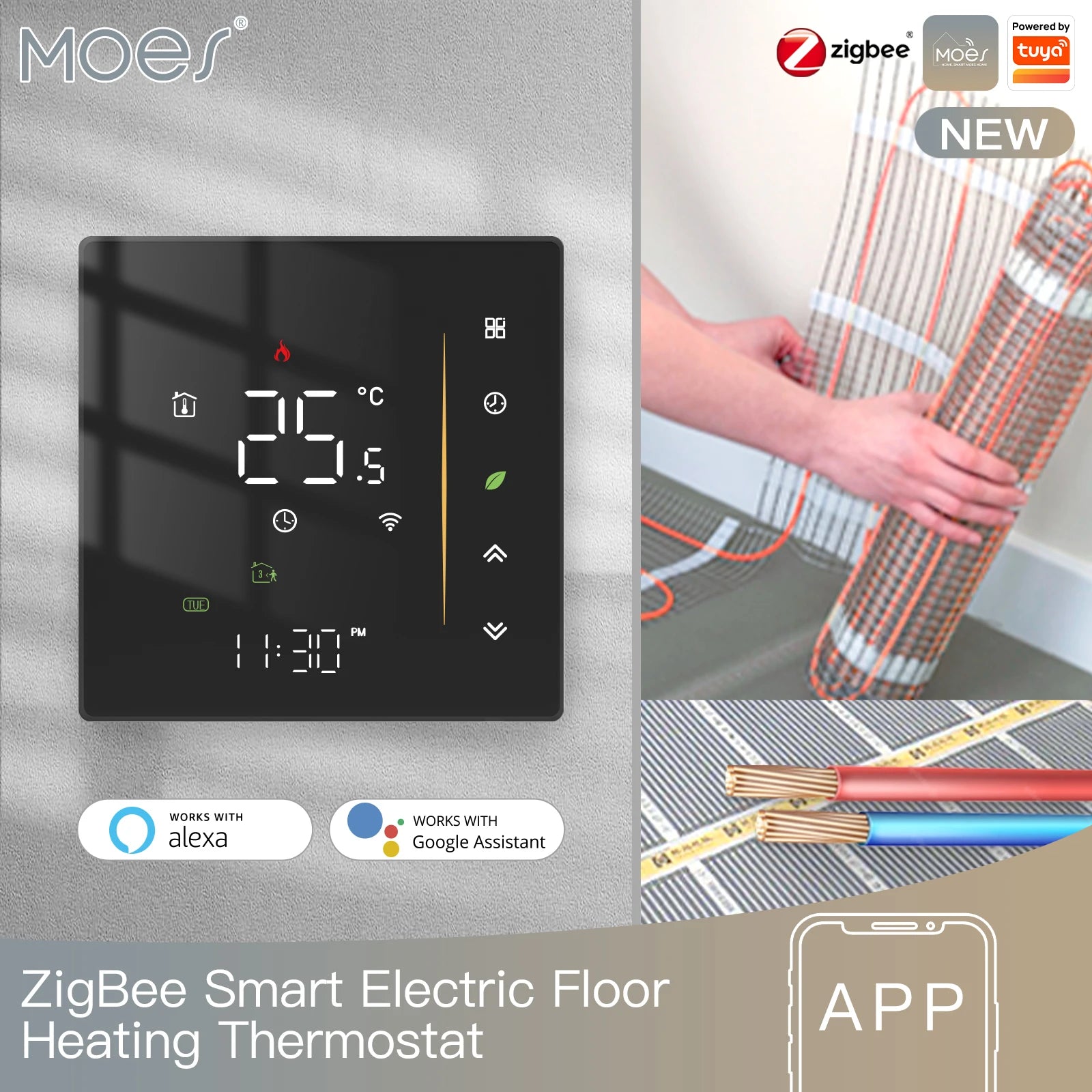 Moes Zigbee Thermostat Room Temperature Controller of Water/Electric Floor Heating Gas Boiler Humidity Tuya Work with Alex 5A16A