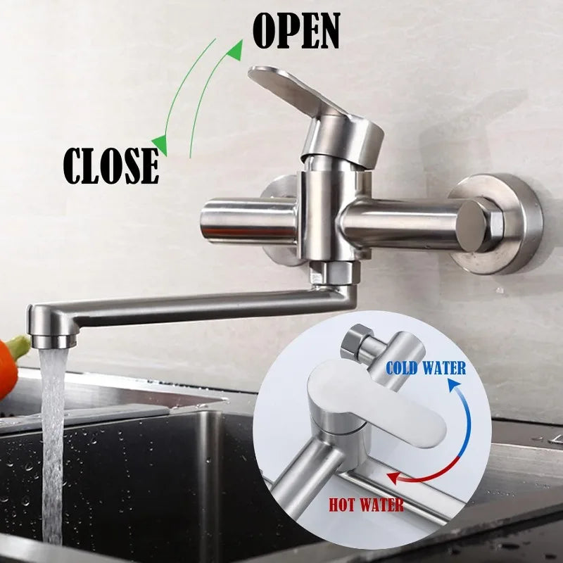 Wall Kitchen Tap 360° Rotating Stainless Steel Wall Hot Cold Mixer Single-handed Mixer Sink Rotating Arm of 25cm Long Filter