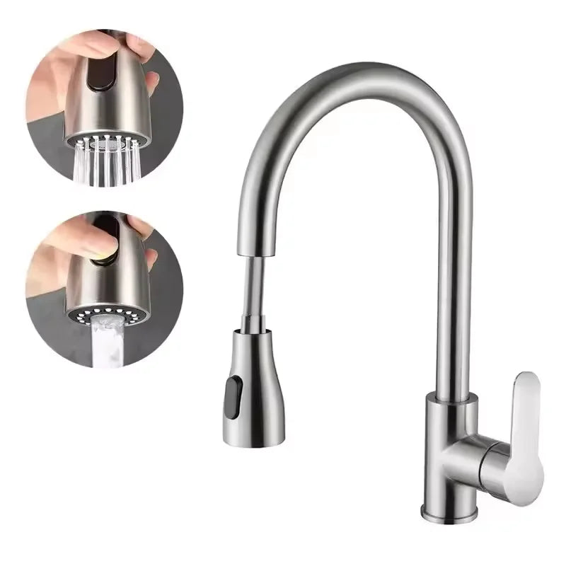 360° Stainless Steel Kitchen Faucet Single Hole Pull-out Spout Kitchen Sink Mixer Faucet Flow Spray Head Rotate Cleaning Faucet