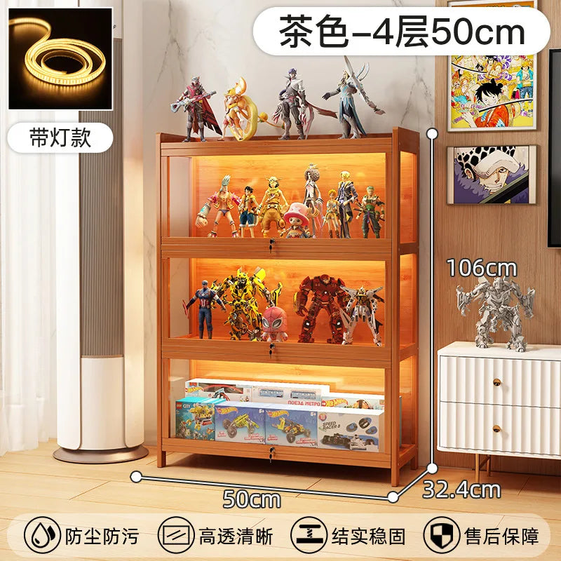 Display Cabinet Acrylic Curio Cabinet with Lock Glass Display Cabinet Natural Bamboo  Glass Cabinet Easy to Install，With Lights