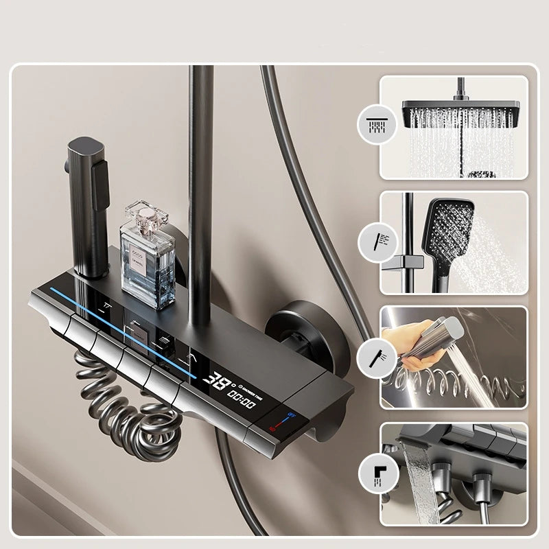 Bathroom Shower System LED Light Shower Head Set Brass Mirror Thermostatic Bathtub Faucet Digital Display Hot & Cold Showers