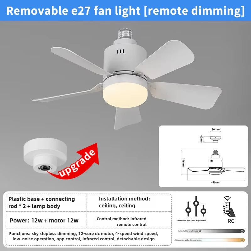 E27 Socket Fan Light Detachable LED Ceiling Fan Light Living Room Dining Room Remote Control 4-speed Dimming Ceiling Fan
