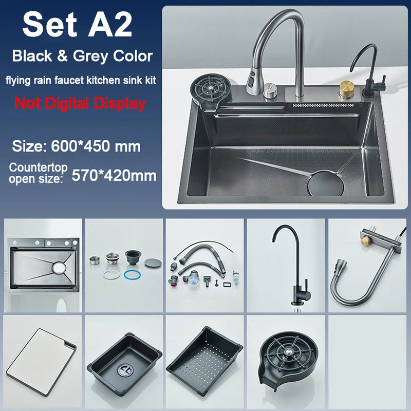 Single Slot Kitchen Sink with Faucet 304 Stainless Steel Large 60x45cm Rainfall 4 Functions Sink with Soap Dispenser,Cup Washer