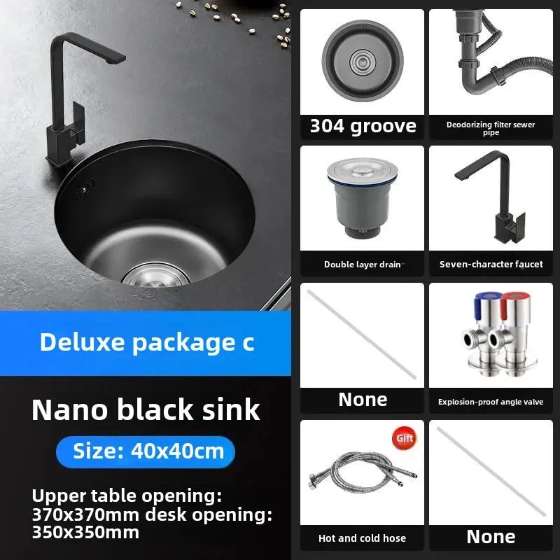 Black Round Bar Sink Nano Stainless Steel Single Basin Small Kitchen Dishwashing and Vegetable Washing Sink kitchen sink cocina