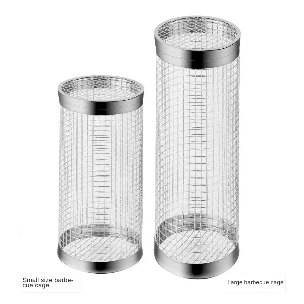 BBQ Basket Stainless Steel Rolling Grilling Basket Wire Mesh Cylinder Grill Basket Portable Round Outdoor Camping Barbecue Rack