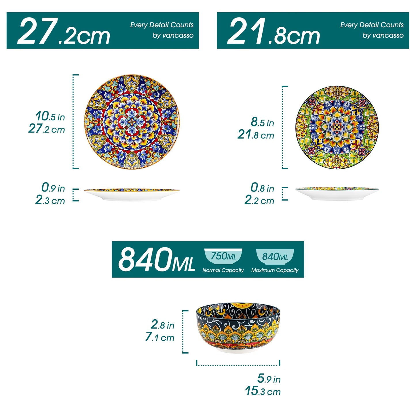 vancasso 12 Piece Ceramic Dinner Plate Double sided Painting Bohemian Style Dinnerware Set with 4PCS Dinner Plate/Dessert/Bowl