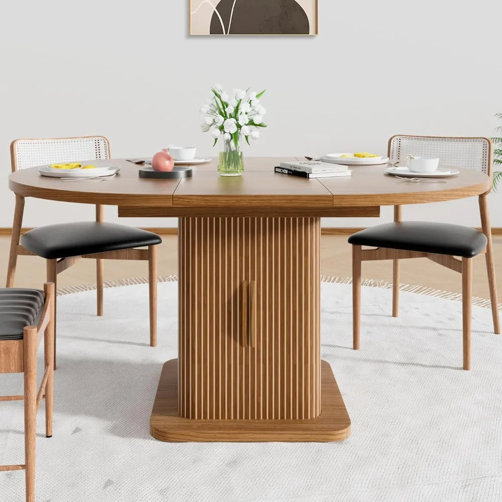 Extendable Round Dining Table for 4-6-8, 59 Inch Dining Room Kitchen Table with Storage, Fluted Wood Slide Door, Modern Oval