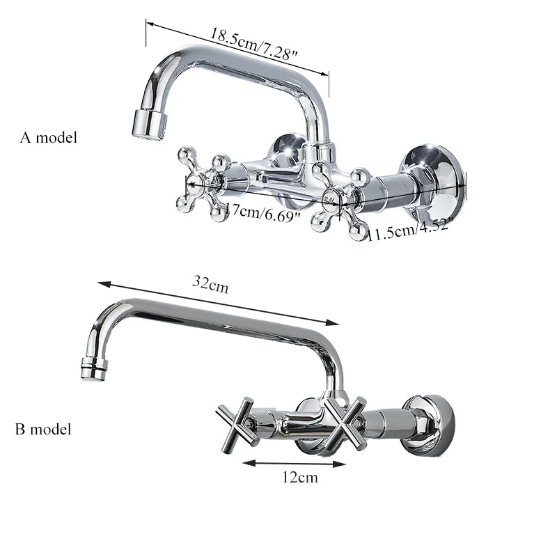 Chrome Wall Mounted Bathroom Kitchen Faucet Dual Handle Hot and Cold Water Tap Sink Mixer Tap 360 Swivel Long Spout Kitchen ﻿ ﻿