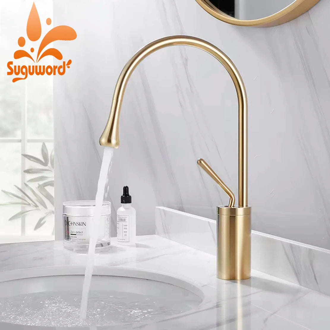Suguword Basin Faucet Hot&Cold Water Mixer Tap Brass Deck Mounted Crane Kitchen Basin Sink Tap Mixer Single Handle Bathroom Tap