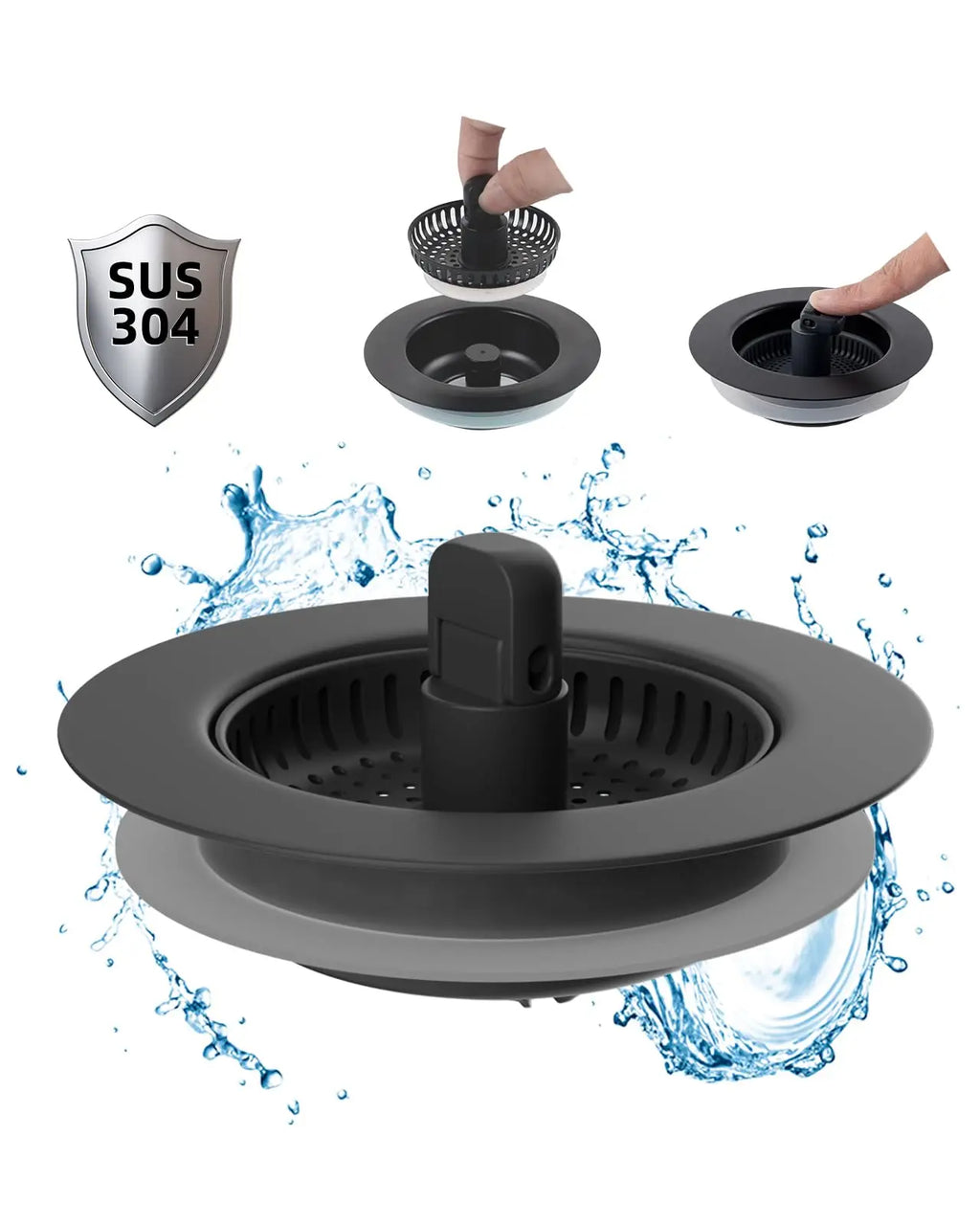 Hibbent Upgraded 3 in 1 Kitchen Sink Drain Strainer and Stopper Combo, Stainless Steel Metal Pop Up Sink Stopper,