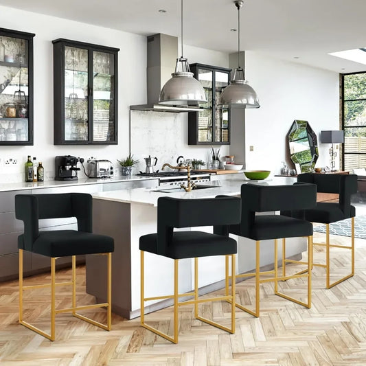 26" H Counter Height Bar Stools Set of 4, Modern Velvet Bar Stools with Square Open Backrest and Gold Metal Frame
