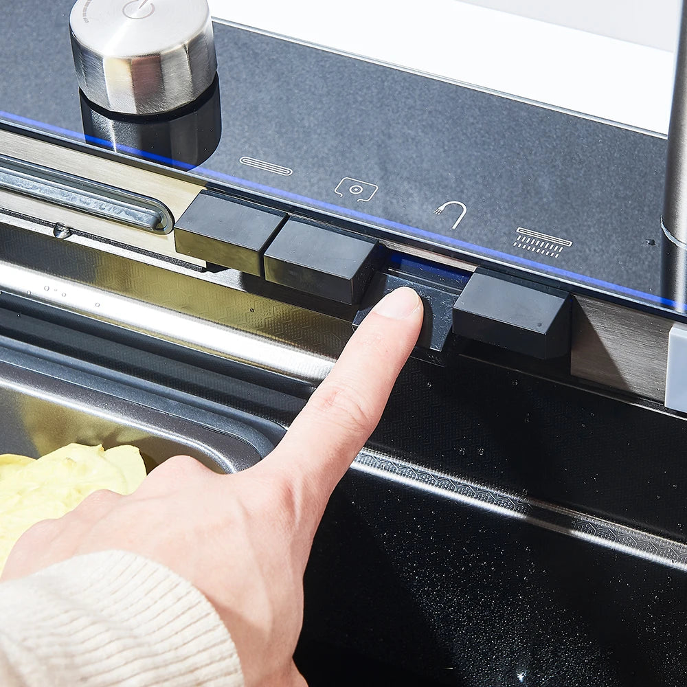 304 Stainless Steel Waterfall Kitchen Sink Large Single Slot Integrated Digital Display Faucet Set Soap Dispenser 75*45cm