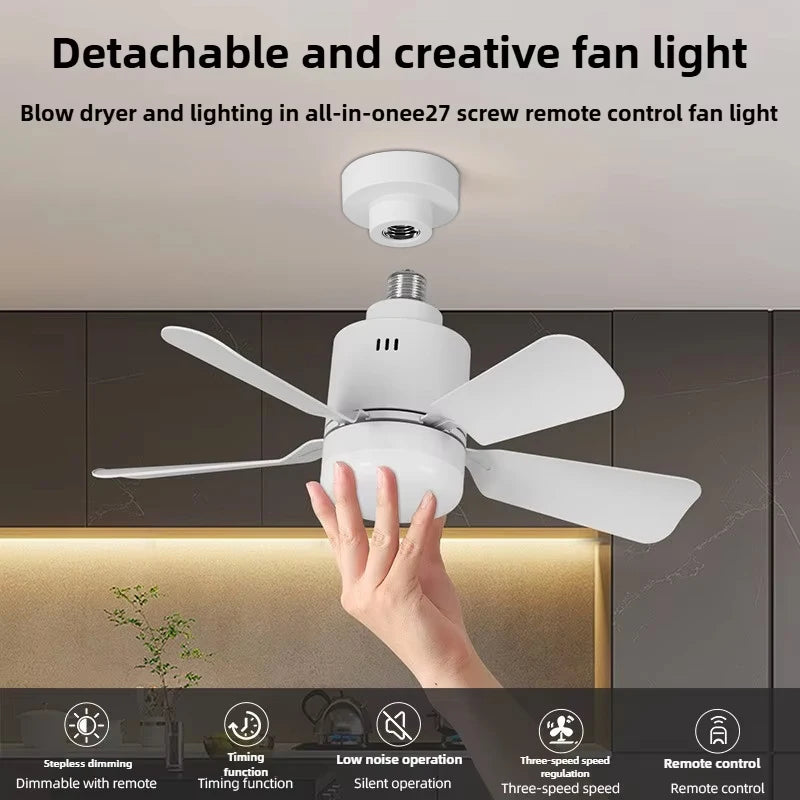 E27 Socket Fan Light Detachable LED Ceiling Fan Light Living Room Dining Room Remote Control 4-speed Dimming Ceiling Fan