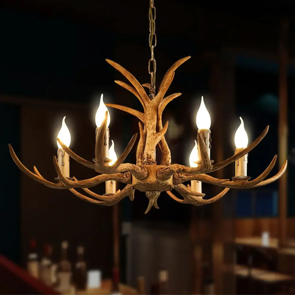Retro Brown Antler Chandelier 6 Heads Deer Horn Ceiling Light Pendant Lamp 220V
