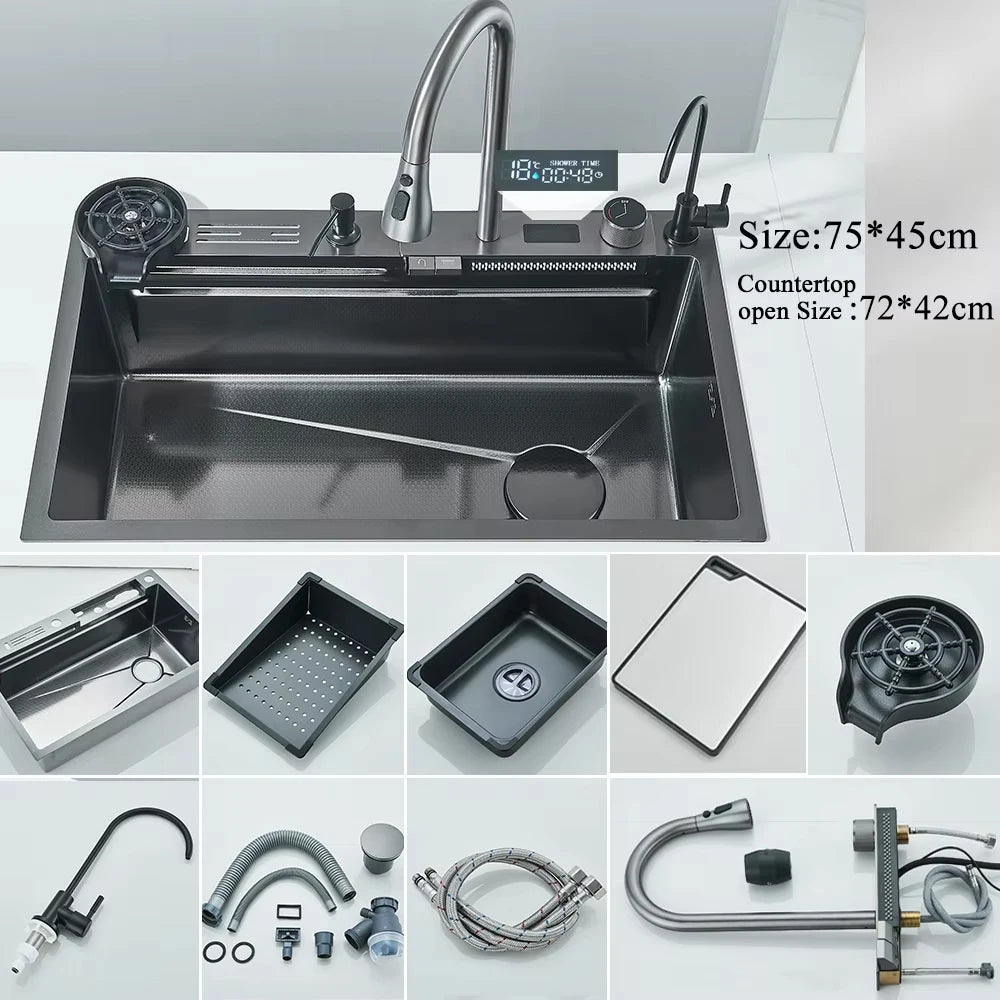 304 Stainless Steel Waterfall Kitchen Sink Large Single Slot Integrated Digital Display Faucet Set Soap Dispenser 75*45cm