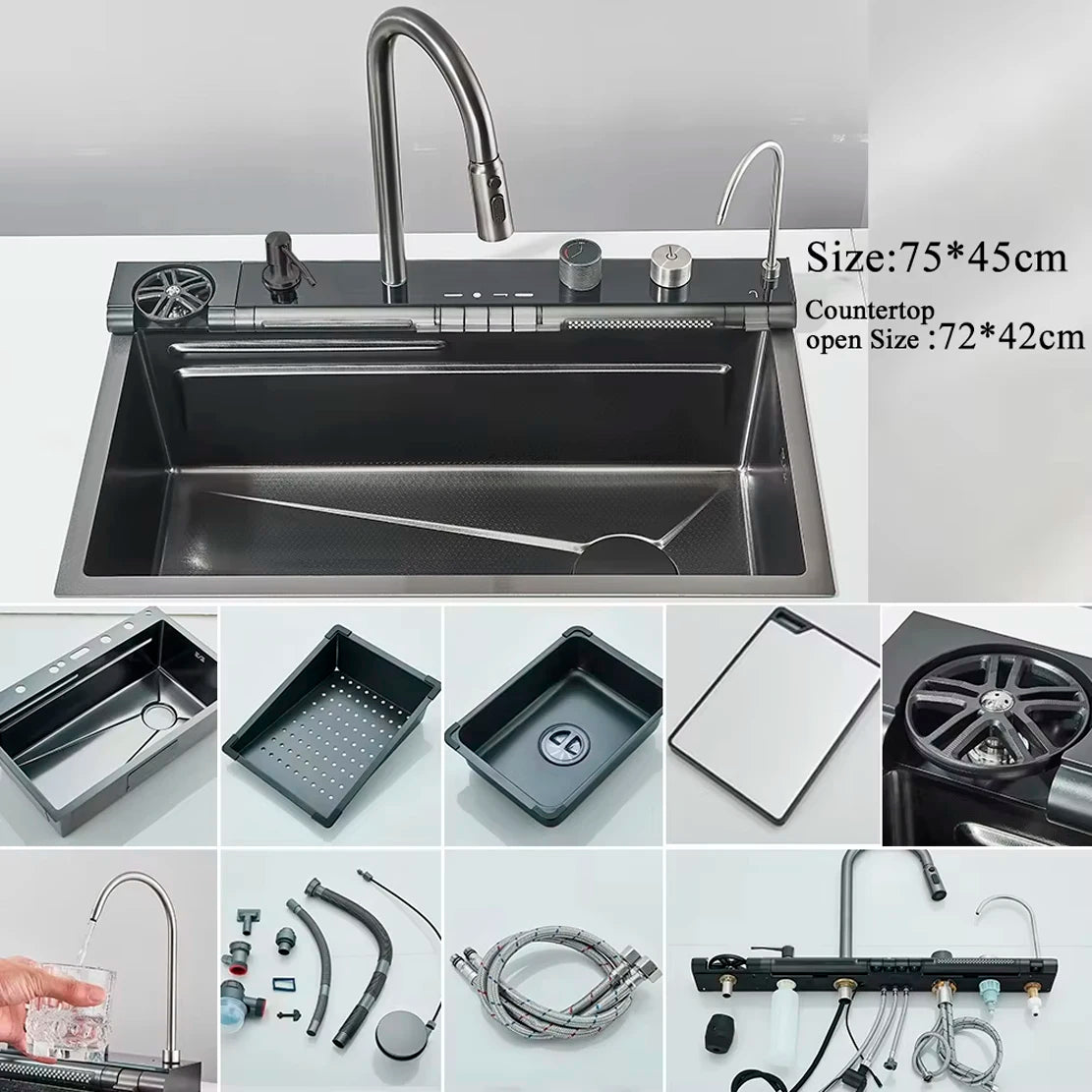 Stainless Steel Kitchen Waterfall Sink Digital Display Large Single Sink Dish Basin Sink Purification water Cup Washer Crane
