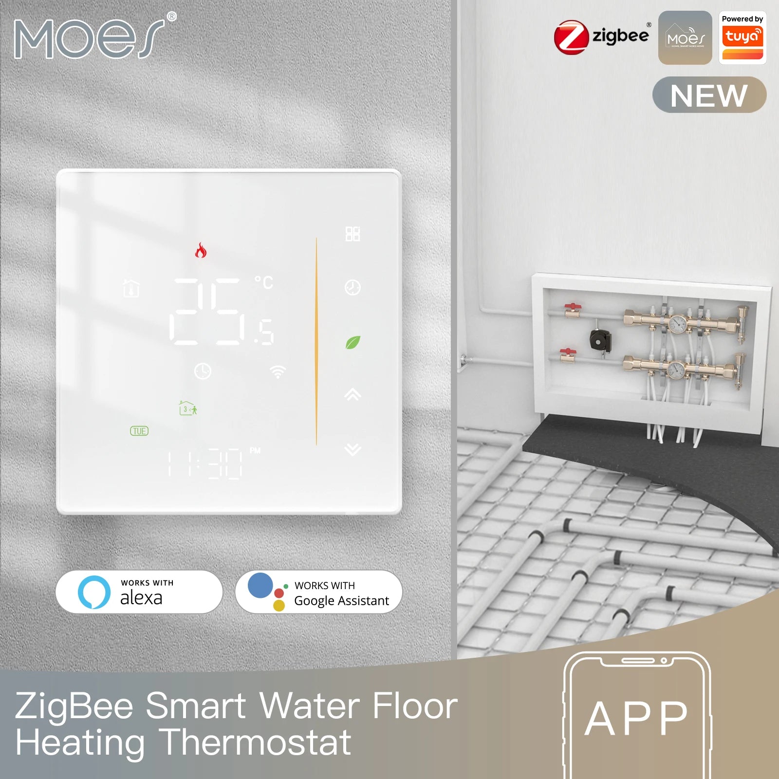 Moes Zigbee Thermostat Room Temperature Controller of Water/Electric Floor Heating Gas Boiler Humidity Tuya Work with Alex 5A16A