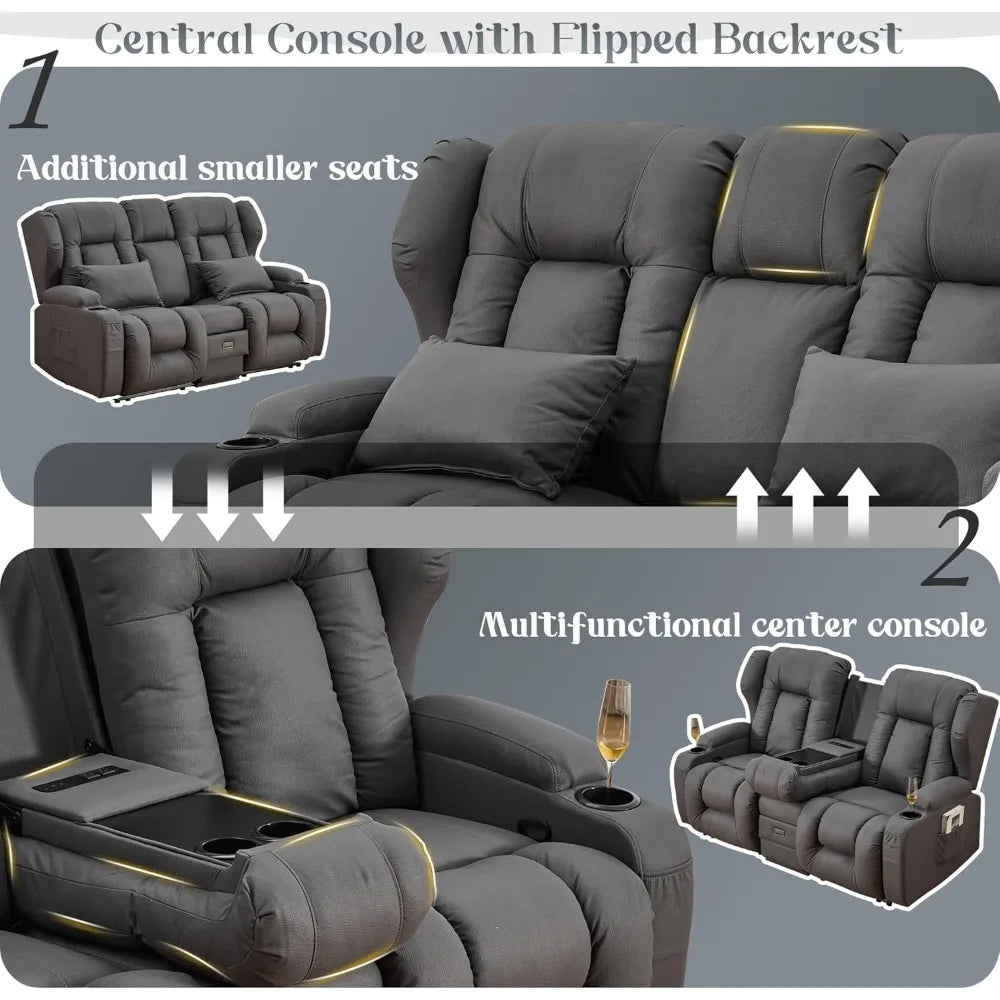 Loveseat Recliner Sofa - Flipped Backrest Console, Cup Holders, Side Pockets, Pillows, Drawers, Outlets
