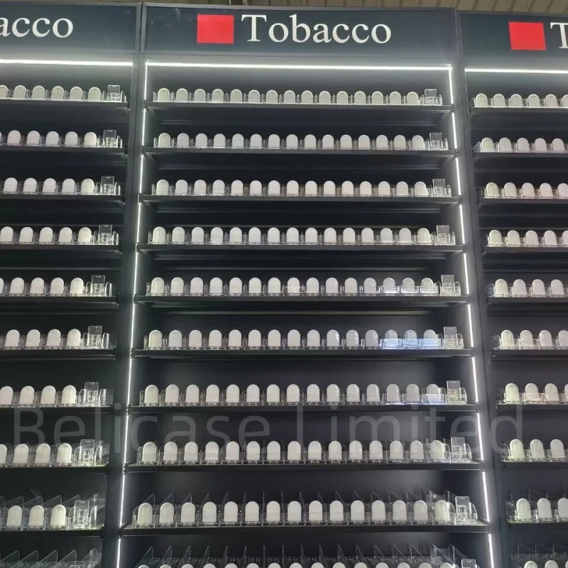 custom，Smoke Shop Fittings Cigarettes Shelves Tobacco Display Stand with Storage Cabinet Led Lighting Tobacco Store Ra