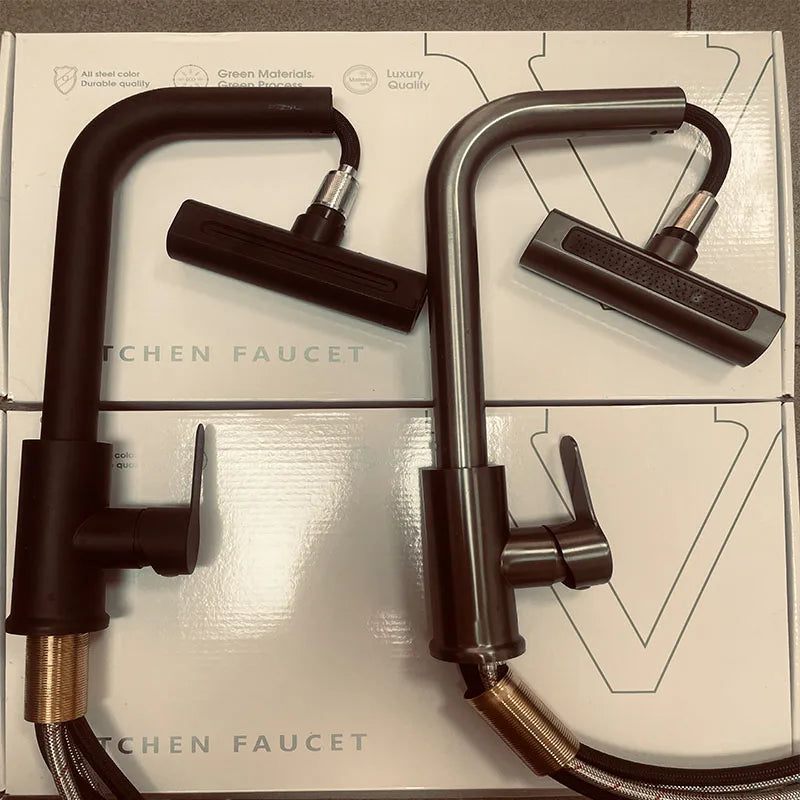 Brass Kitchen Faucet Single Hole Pull-Out Spout Kitchen Sink Mixer Faucet Four-bar Water Outlet Mode Cold and Hot Mixer Faucet