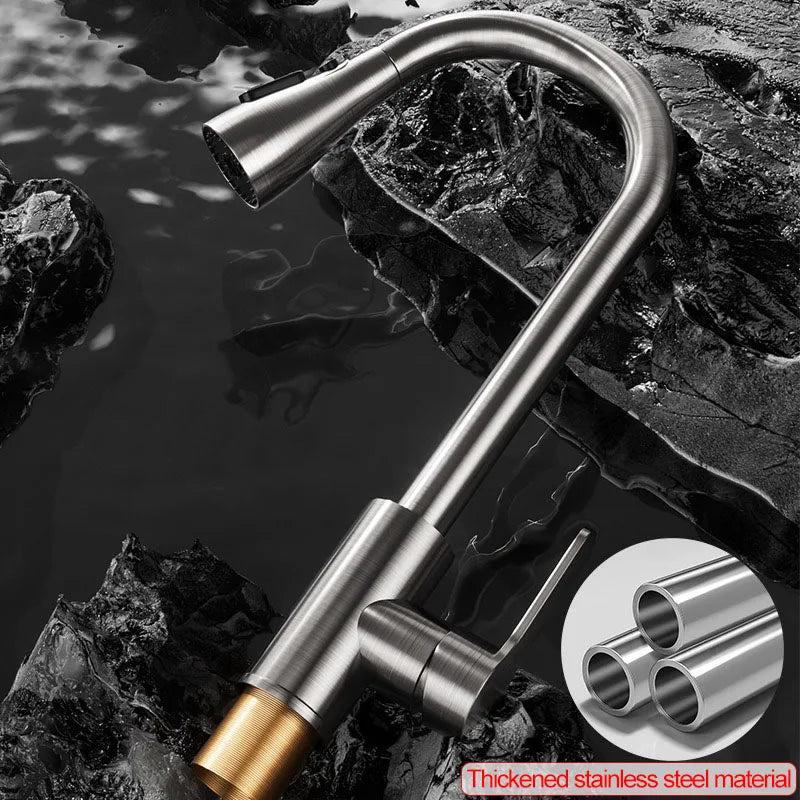 Stainless steel kitchen pull-out faucet, hot and cold household splash-proof sink, retractable sink, vegetable washing basin fau