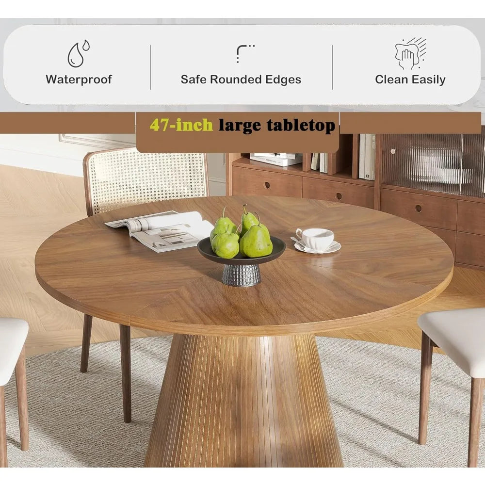 Round Dining Table for 4, Farmhouse Fluted Dining Kitchen Table, 47 Inch Modern Wood Small Circle Dining Table for Kitchen