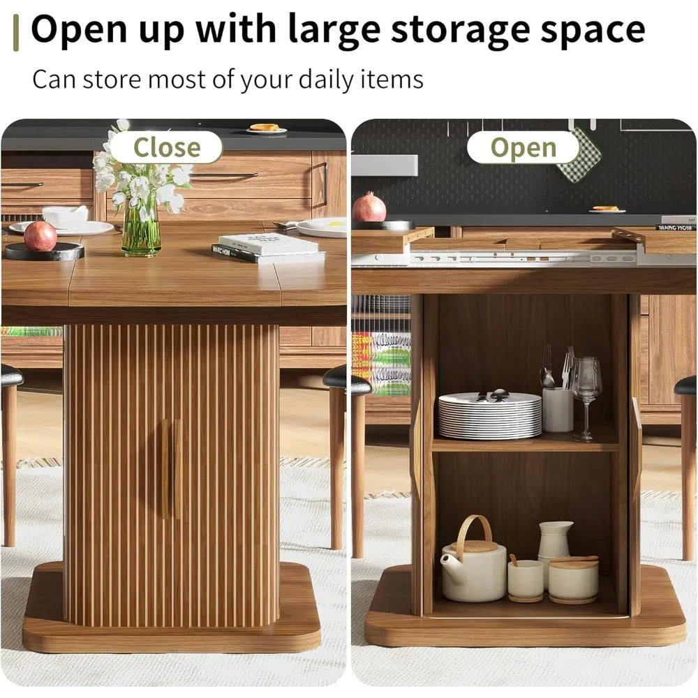 Extendable Round Dining Table for 4-6-8, 59 Inch Dining Room Kitchen Table with Storage, Fluted Wood Slide Door, Modern Oval