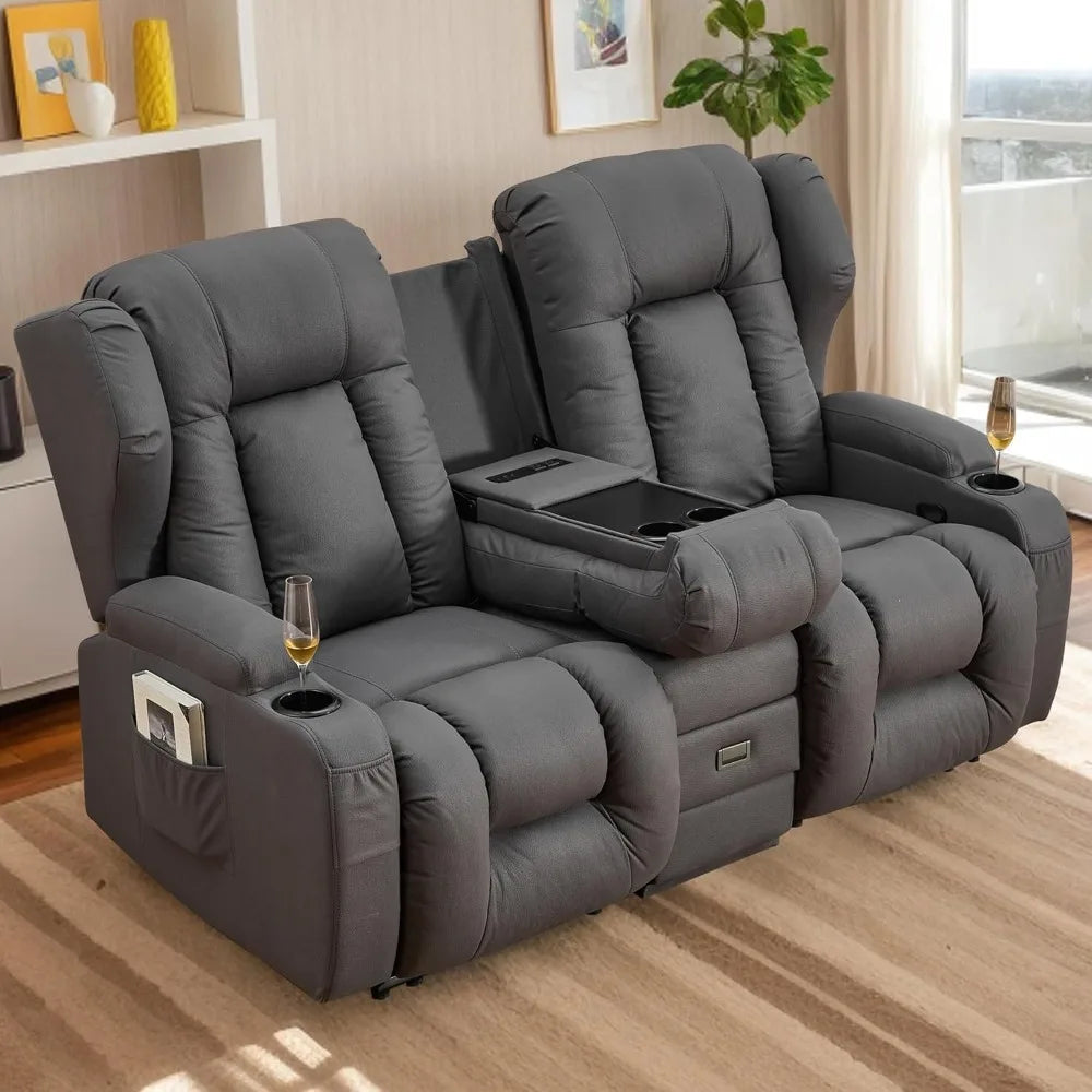 Loveseat Recliner Sofa - Flipped Backrest Console, Cup Holders, Side Pockets, Pillows, Drawers, Outlets