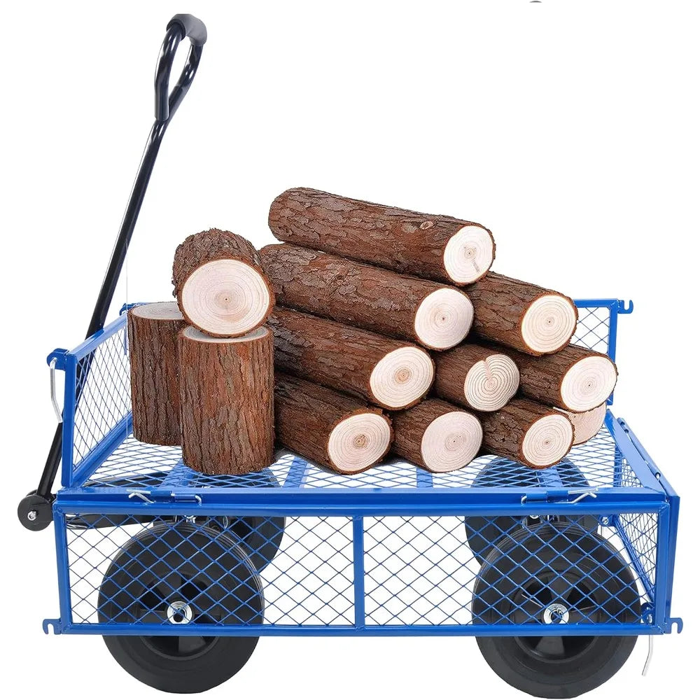 Solid Wheels 10" Flat Free Tires Steel Garden Wagon cart A Large-Capacity mesh with a Load of 1100LBS,with Detachable Side and n