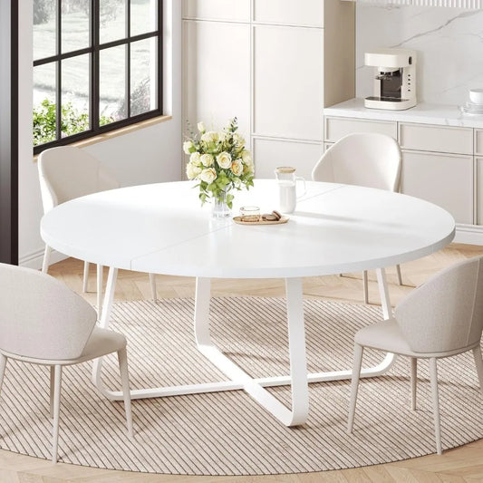 Modern Round Dining Table, Wood Metal Kitchen Tables,Industrial Large Dinner Room Tables for 6 to 8, Circle Dining Room Table f