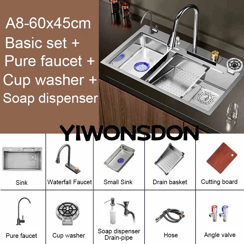 Multifunction Brushed Nano Kitchen Sink Waterfall Faucet Large Single Bowl Cup Washer Pure Tap Soap Dispenser Stainless Steel
