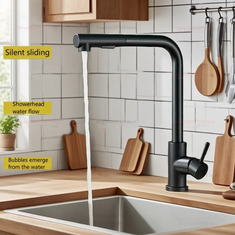 Upgraded Black Silver Pull Out Kitchen Faucet Dual Mode Telescopic Rotary Stainless Steel Hot Cold Water Faucet for Kitchen