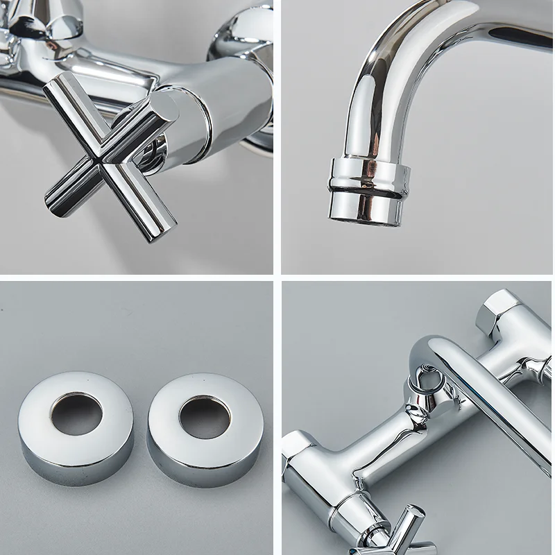 Chrome Wall Mounted Bathroom Kitchen Faucet Dual Handle Hot and Cold Water Tap Sink Mixer Tap 360 Swivel Long Spout Kitchen ﻿ ﻿