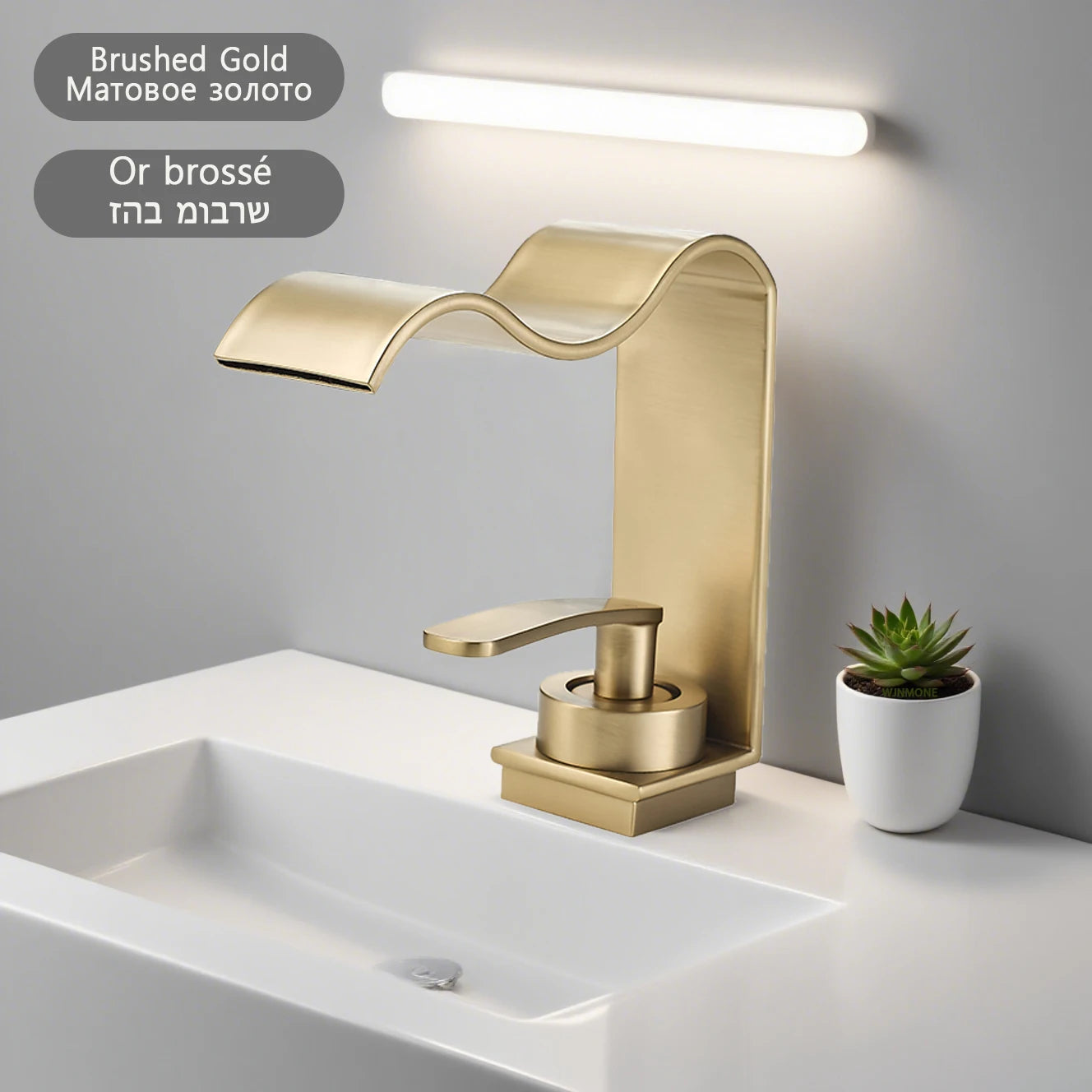 Luxury Brushed Gold Bathroom Sink Faucet Deck Mounted Hot Cold Brass Mixer Waterfall Basin Faucets Lavatory Washbasin Water Tap