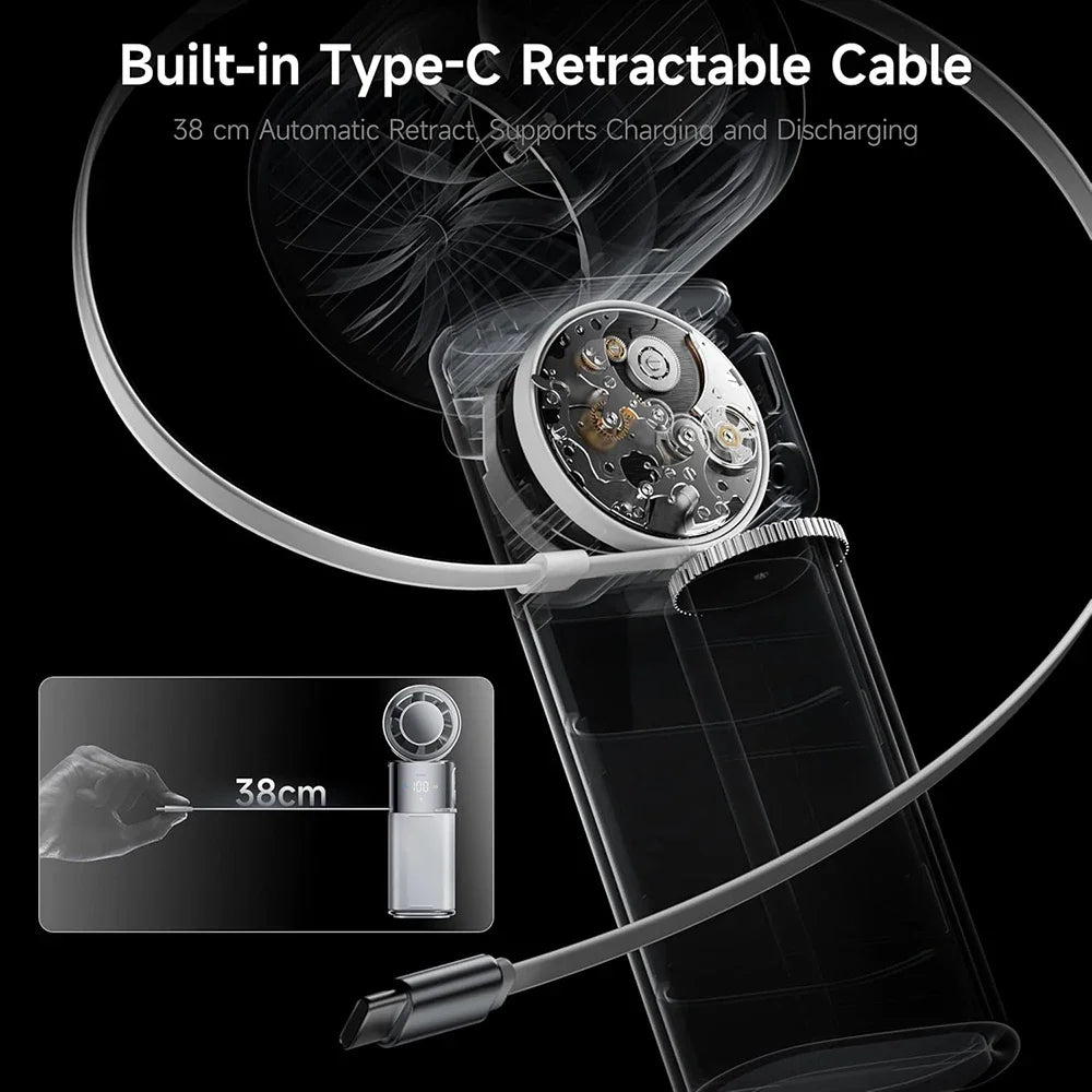 Ultra Portable Semiconductor Fan: 100-speed 11000RPM, Large Battery (charges phones), foldable/hanging. For family, travel, gift